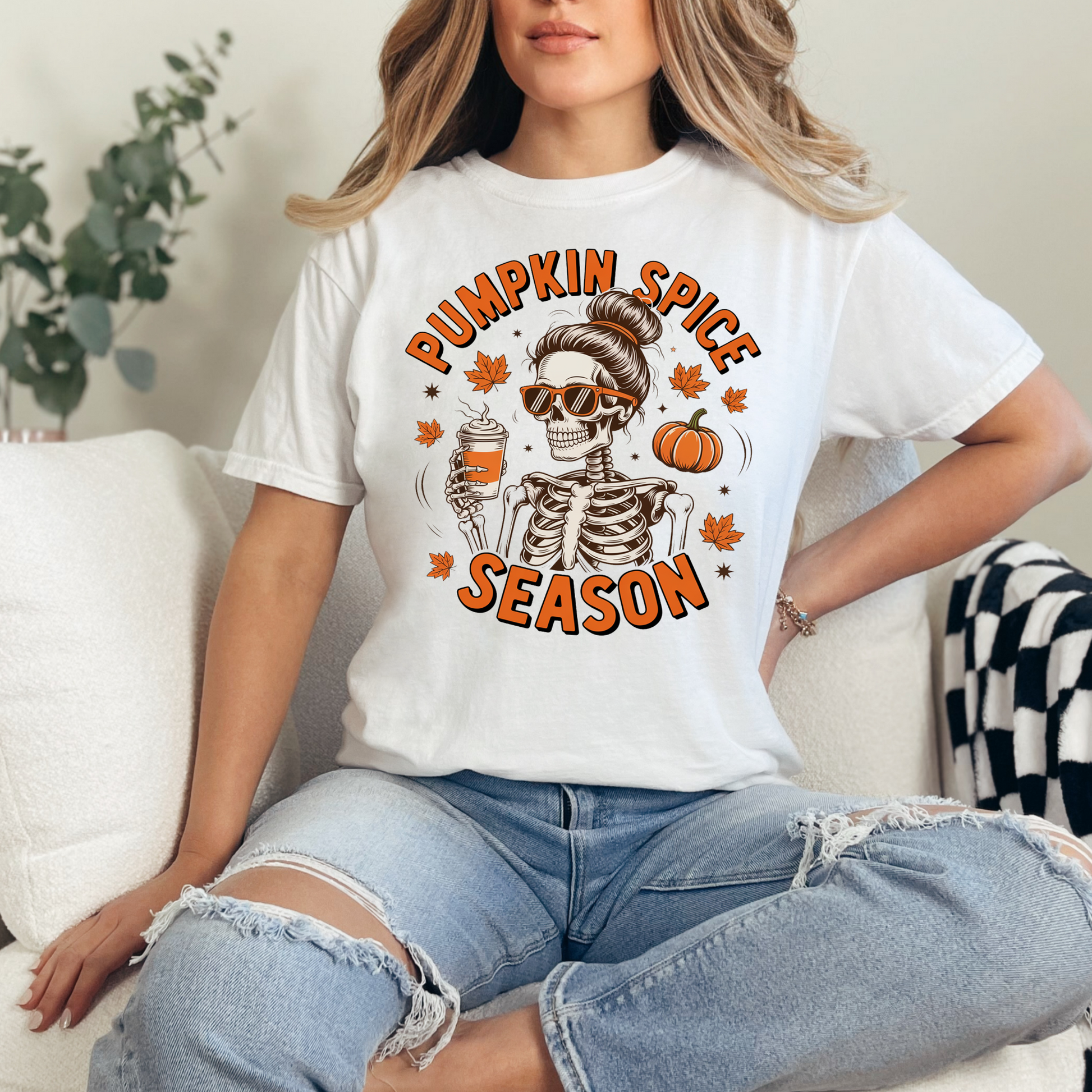 Wholesale Pumpkin Spice Skeleton Graphic Tee - CC White Tee