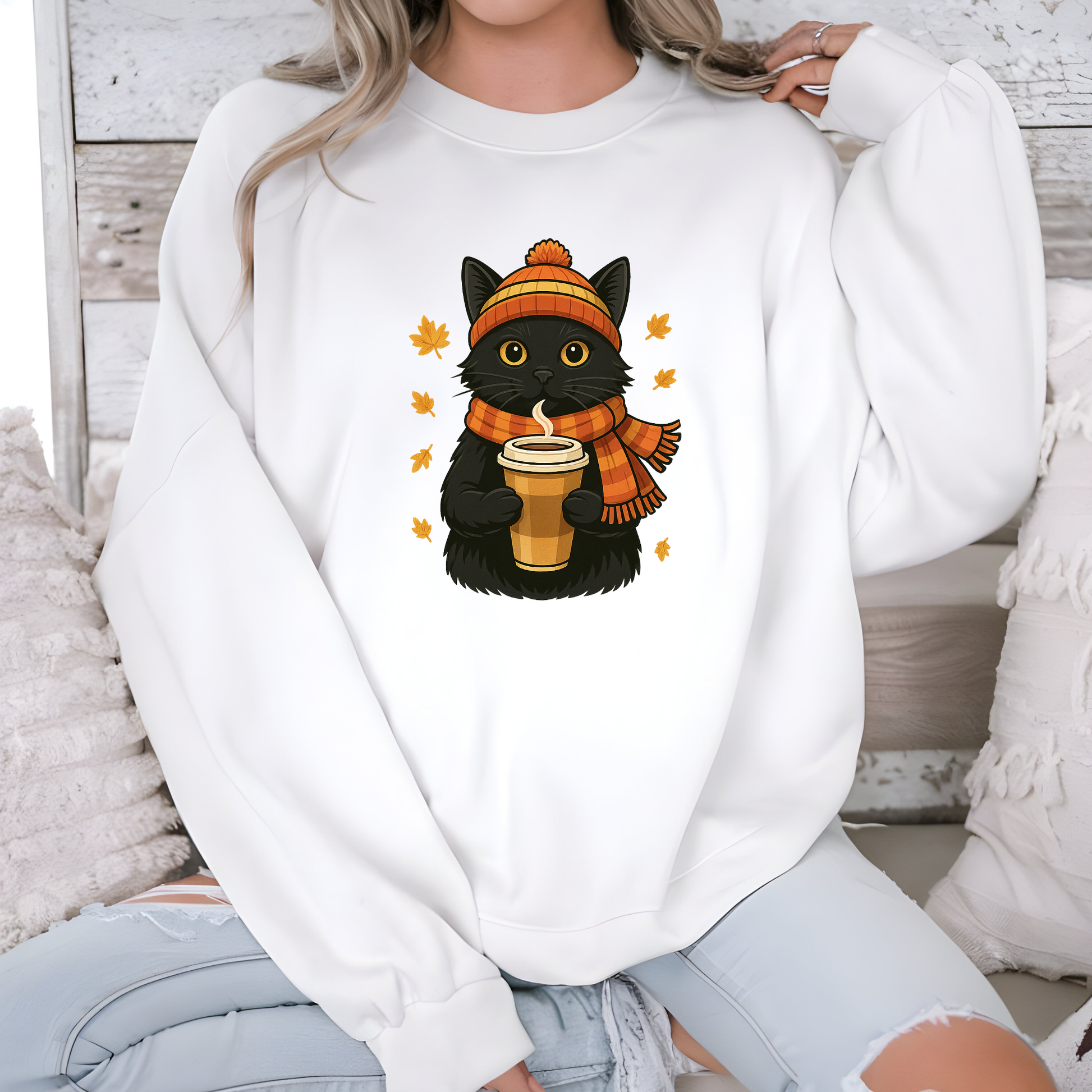 Wholesale Fall Cat with Latte Sweatshirt - White Sweatshirt