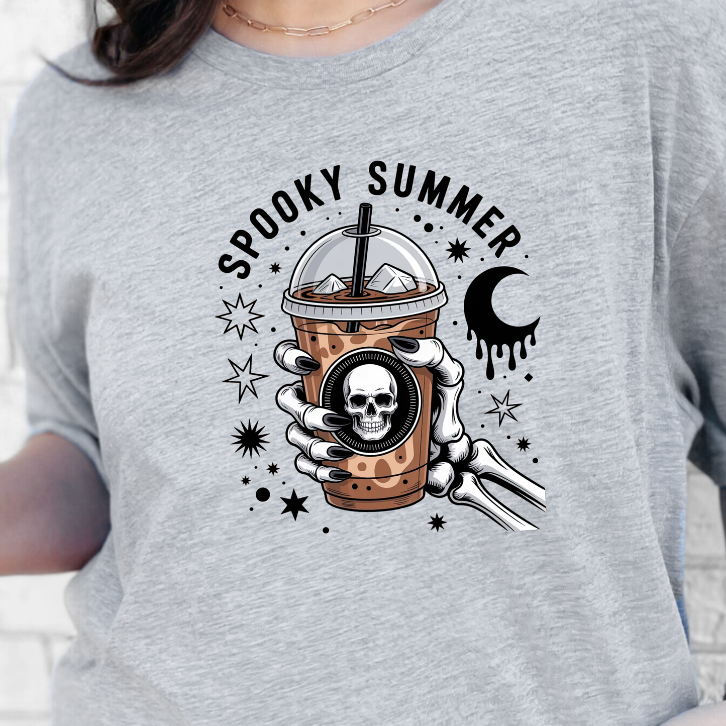 Wholesale Spooky Summer Iced Coffee Graphic Tee - Grey