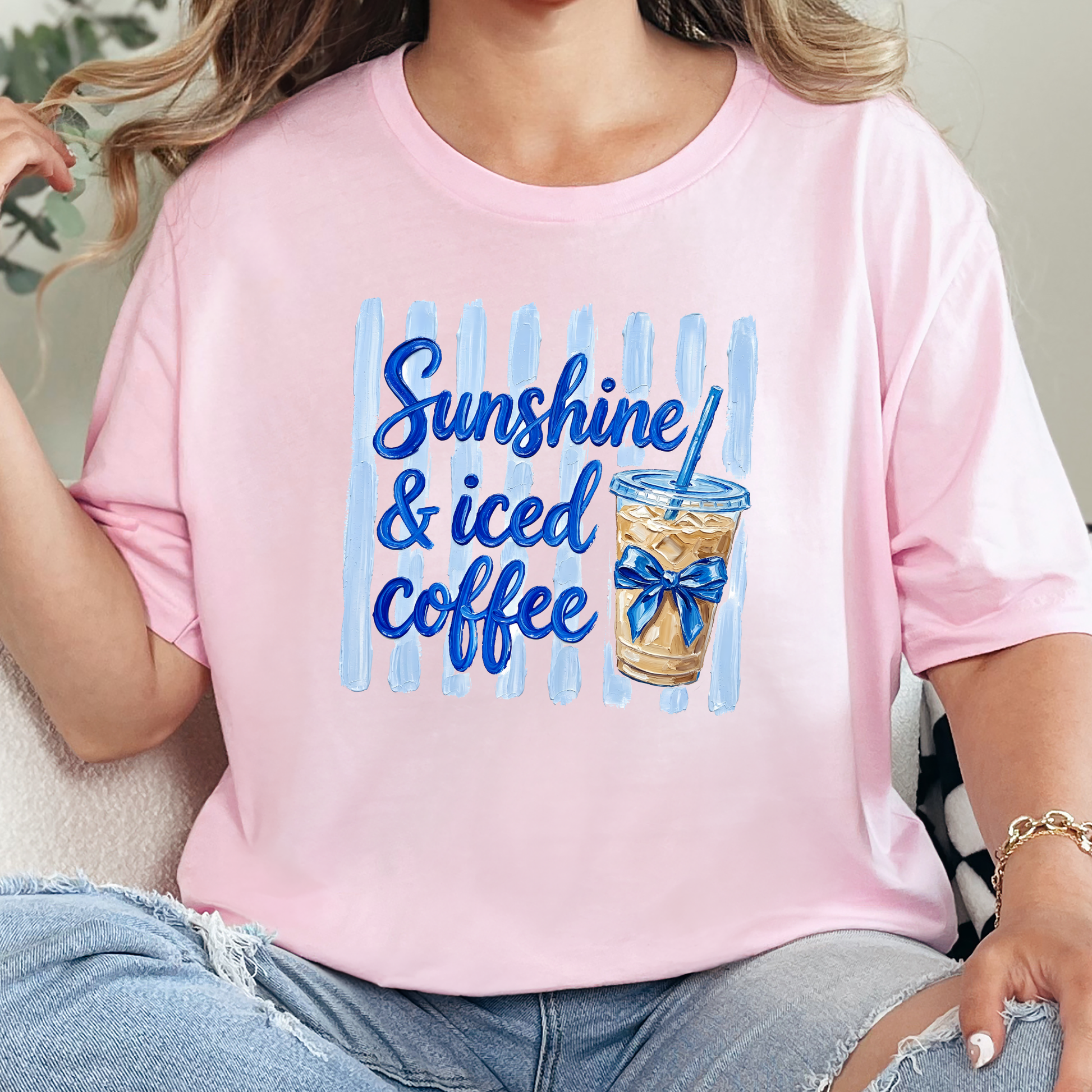 Wholesale Sunshine & Iced Coffee Graphic Tee - Soft Pink Tee