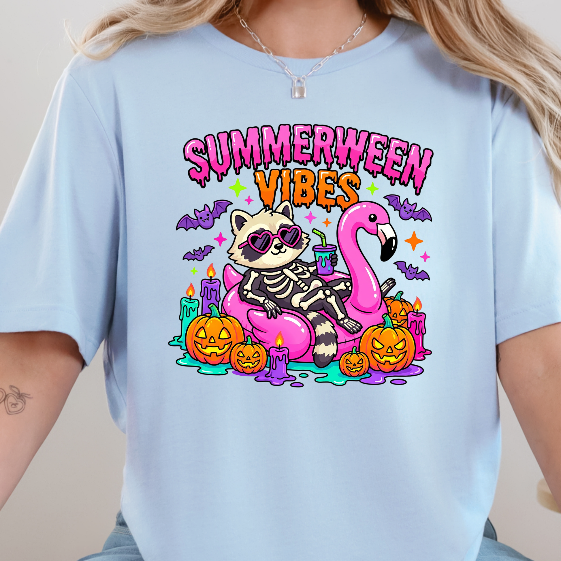 Wholesale Summerween Vibes Raccoon Graphic Tee - Baby Blue