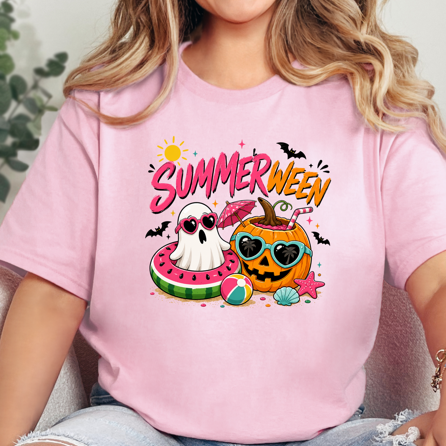 Wholesale Summerween Ghost Graphic Tee - Pink