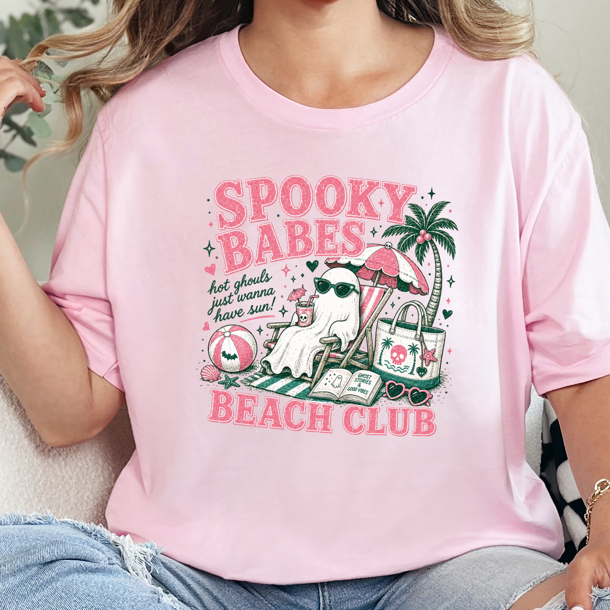 Wholesale Spooky Babes Beach Club Graphic Tee - Soft Pink