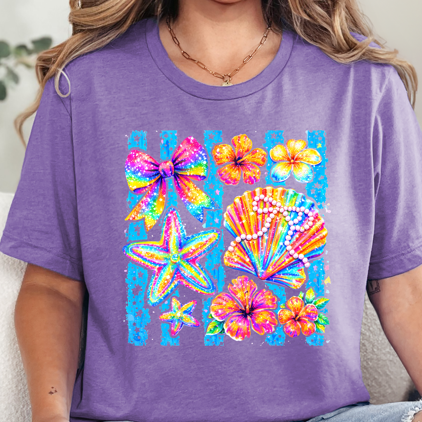 Wholesale Coastal Preppy Shells Graphic Tee - Heather Team Purple