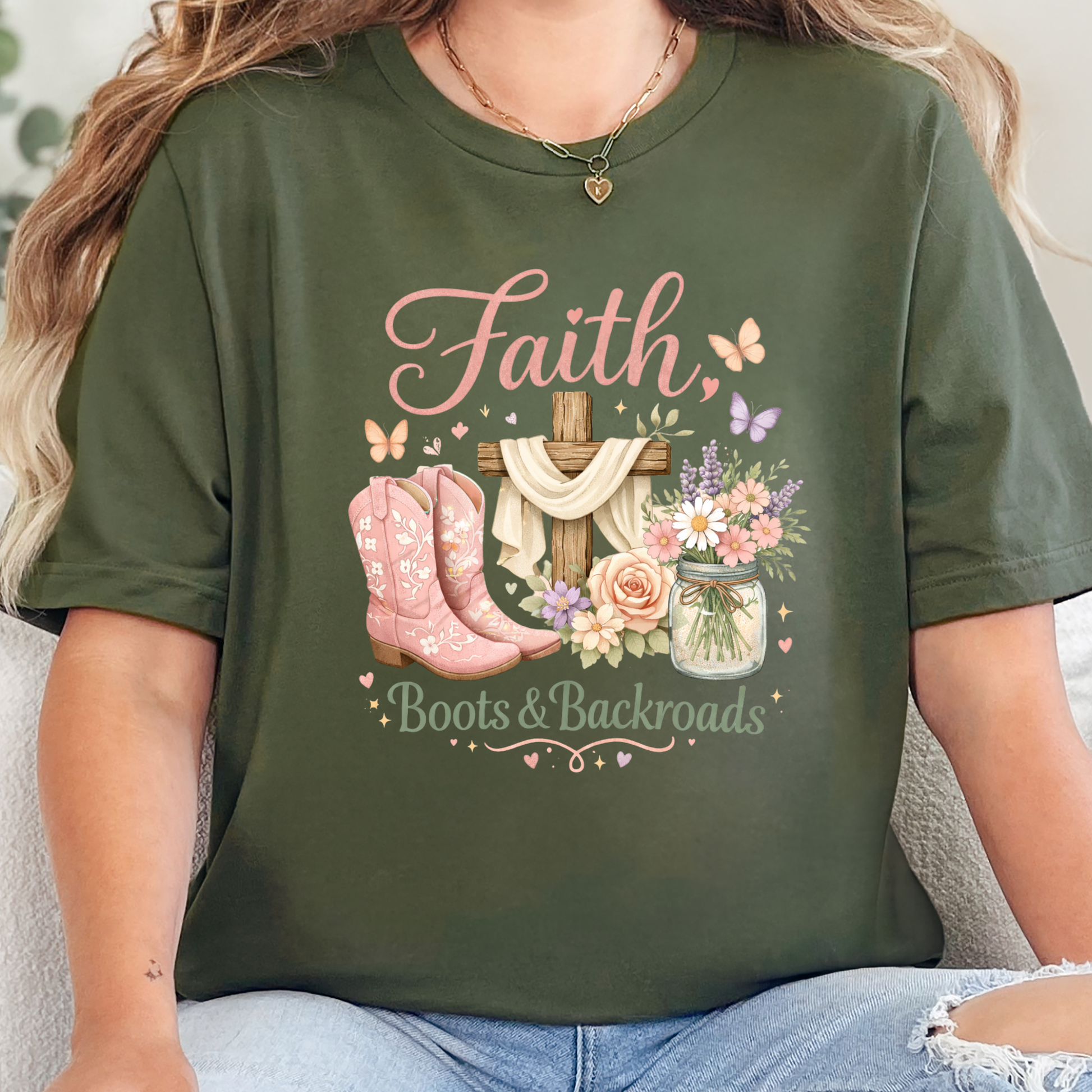 Wholesale Faith, Boots & Backroads Graphic Tee - Military Green