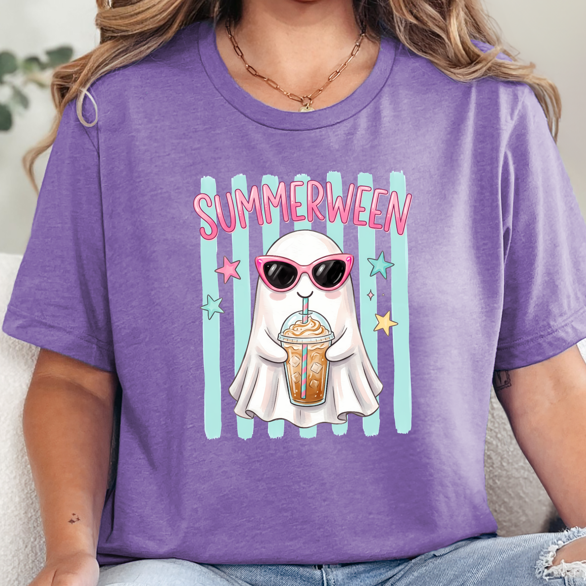 Wholesale Preppy Summerween Ghost Graphic Tee - Heather Team Purple