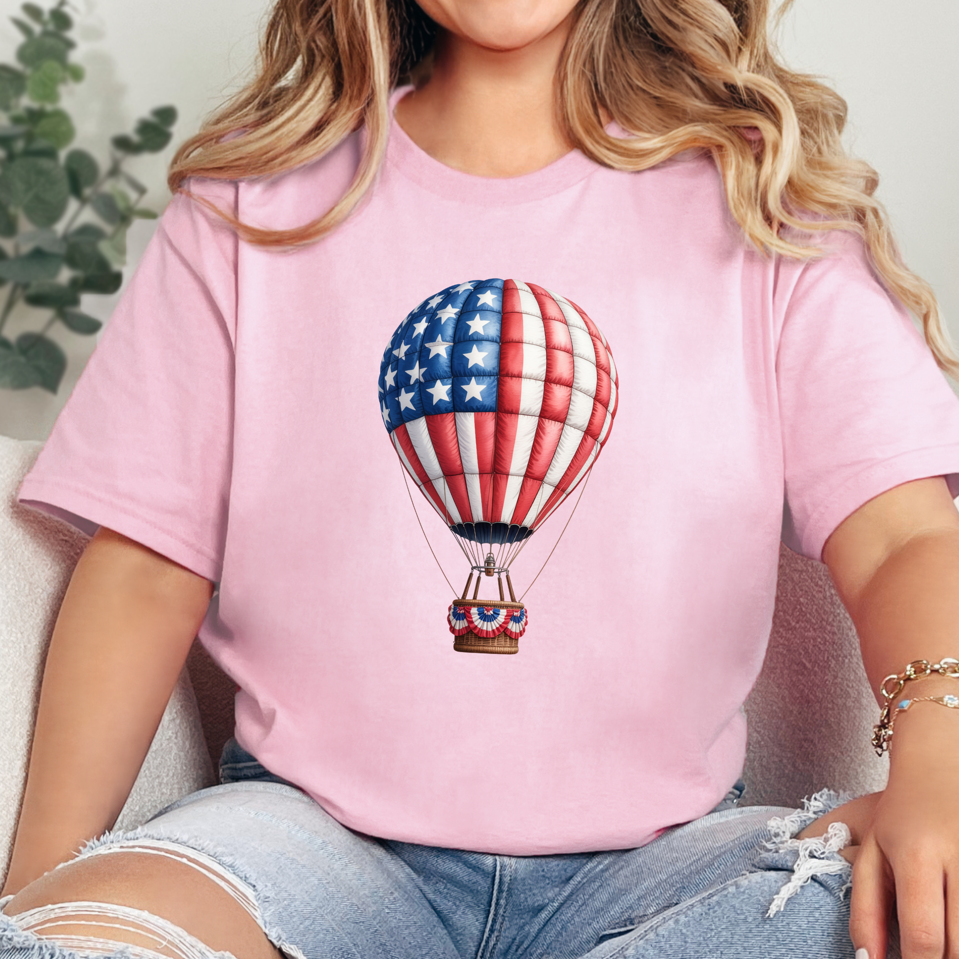 Wholesale Patriotic Hot Air Balloon Graphic Tee - Pink