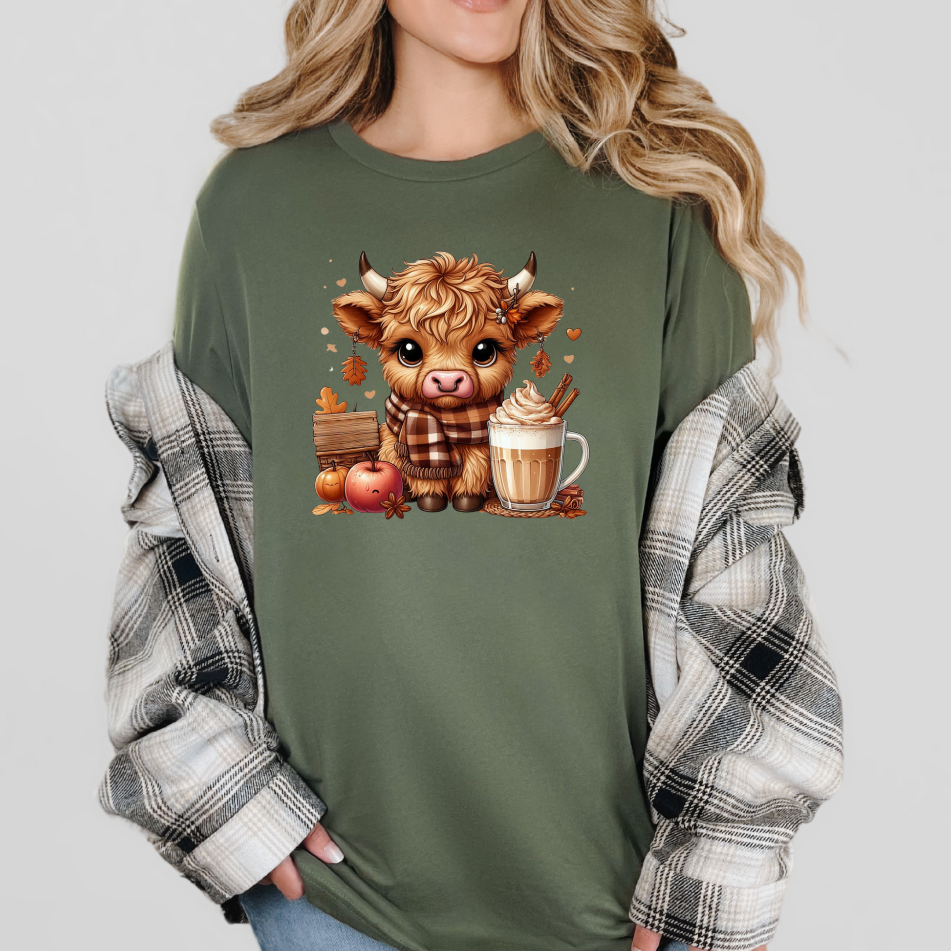 Wholesale Highland Cow Cocoa Graphic Tee - Military Green Tee