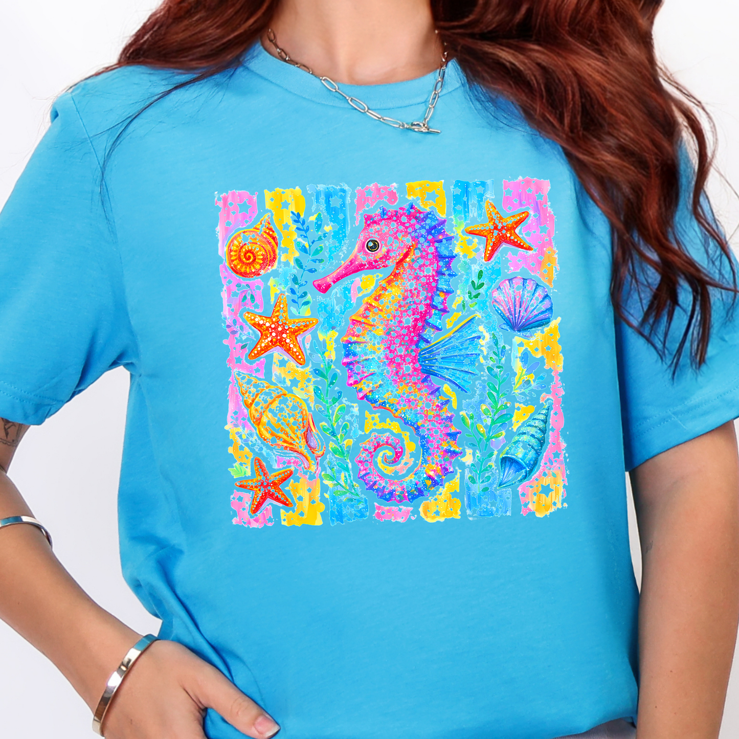 Wholesale Preppy Summer Seahorse Graphic Tee - Heather Aqua