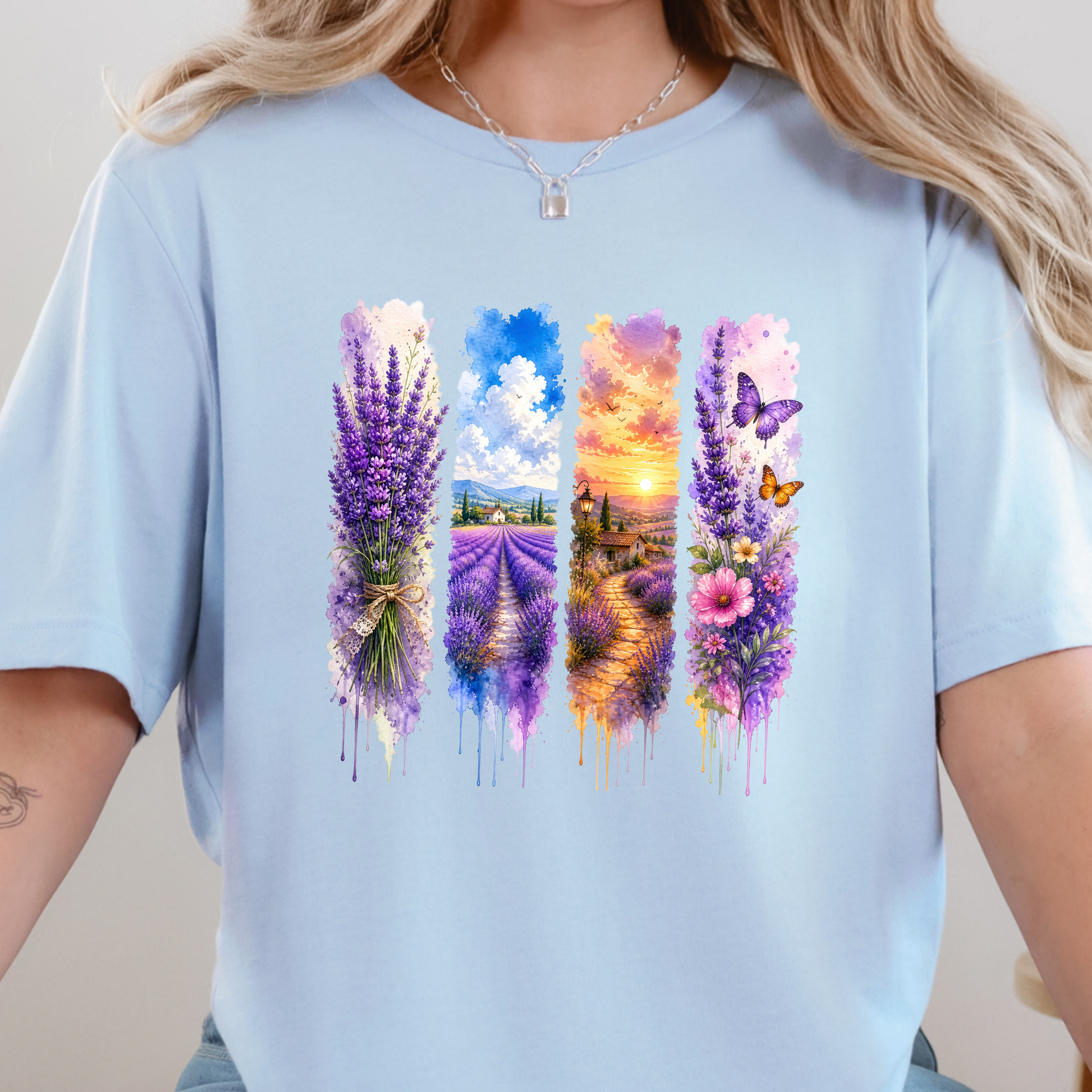 Wholesale Watercolor Summer Purple Graphic Tee - Baby Blue