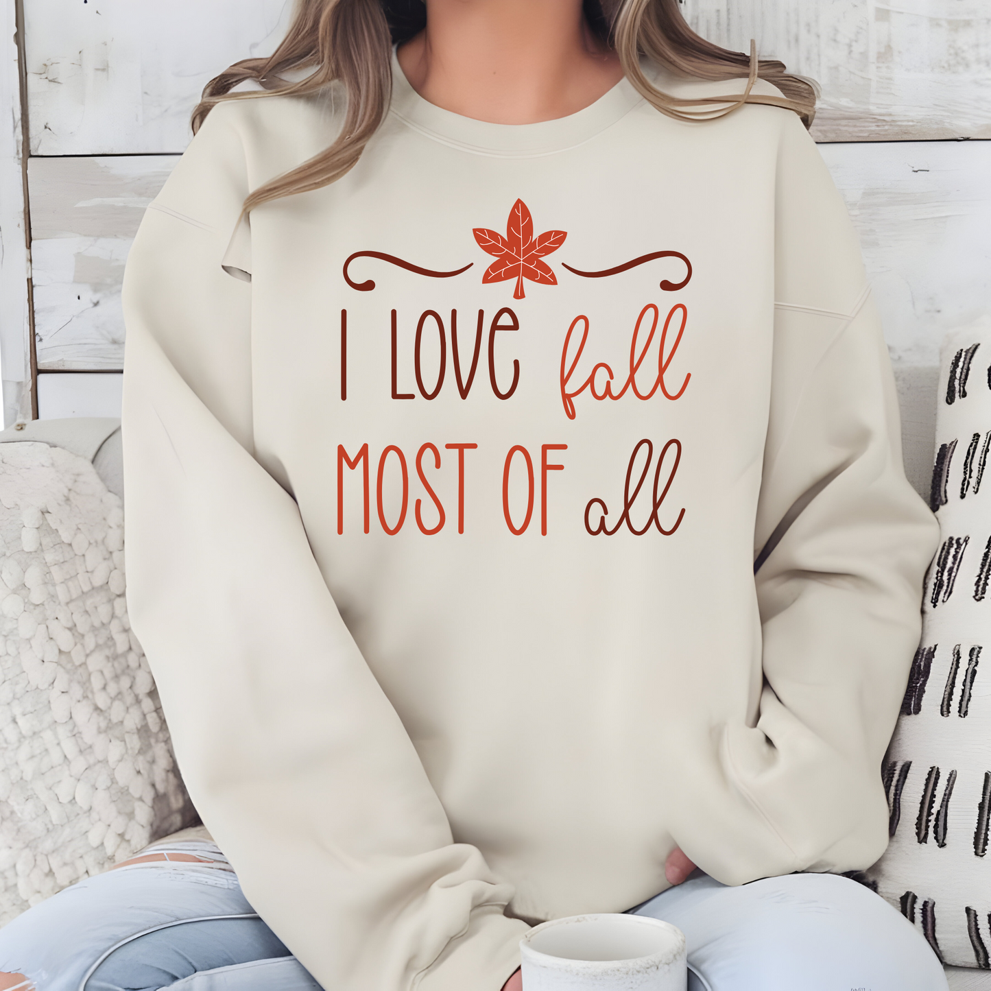 Wholesale I Love Fall Most of All Graphic Tee or Sweatshirt - Sand Sweatshirt