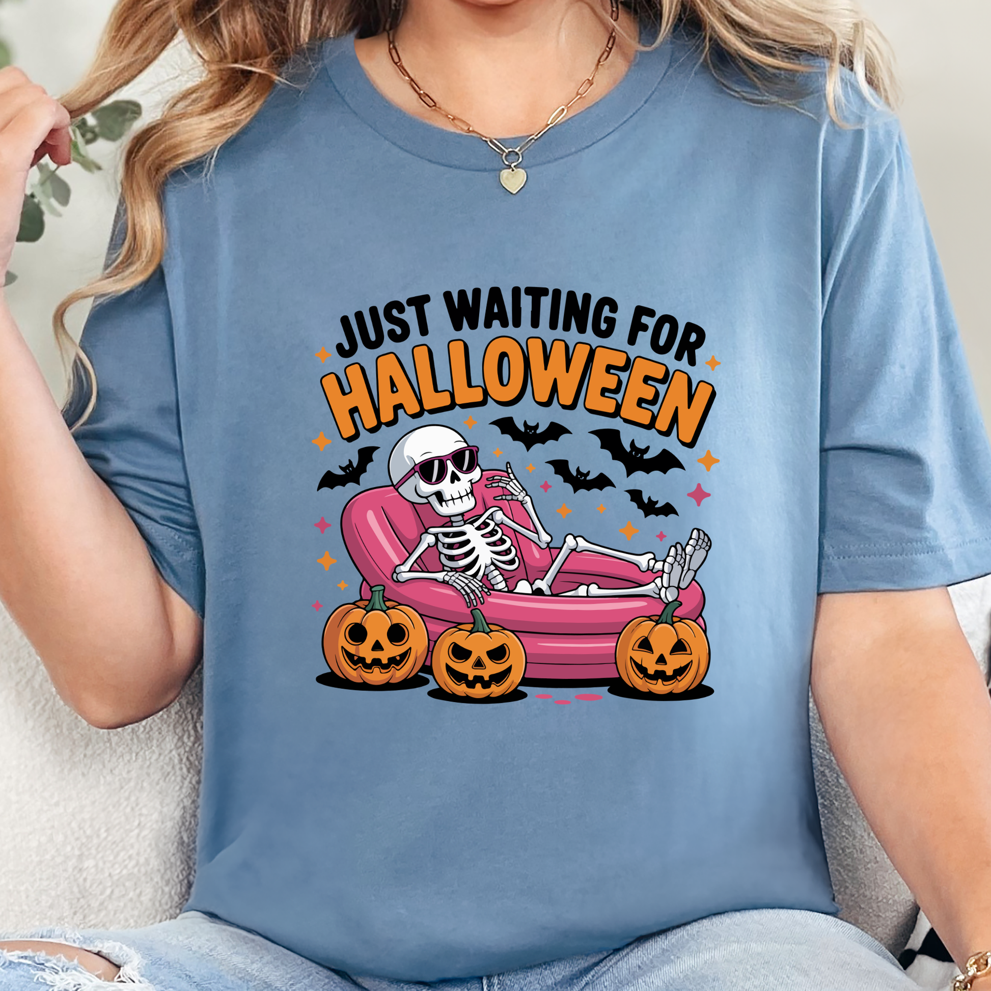 Wholesale Waiting on Halloween Graphic Tee - Steel Blue