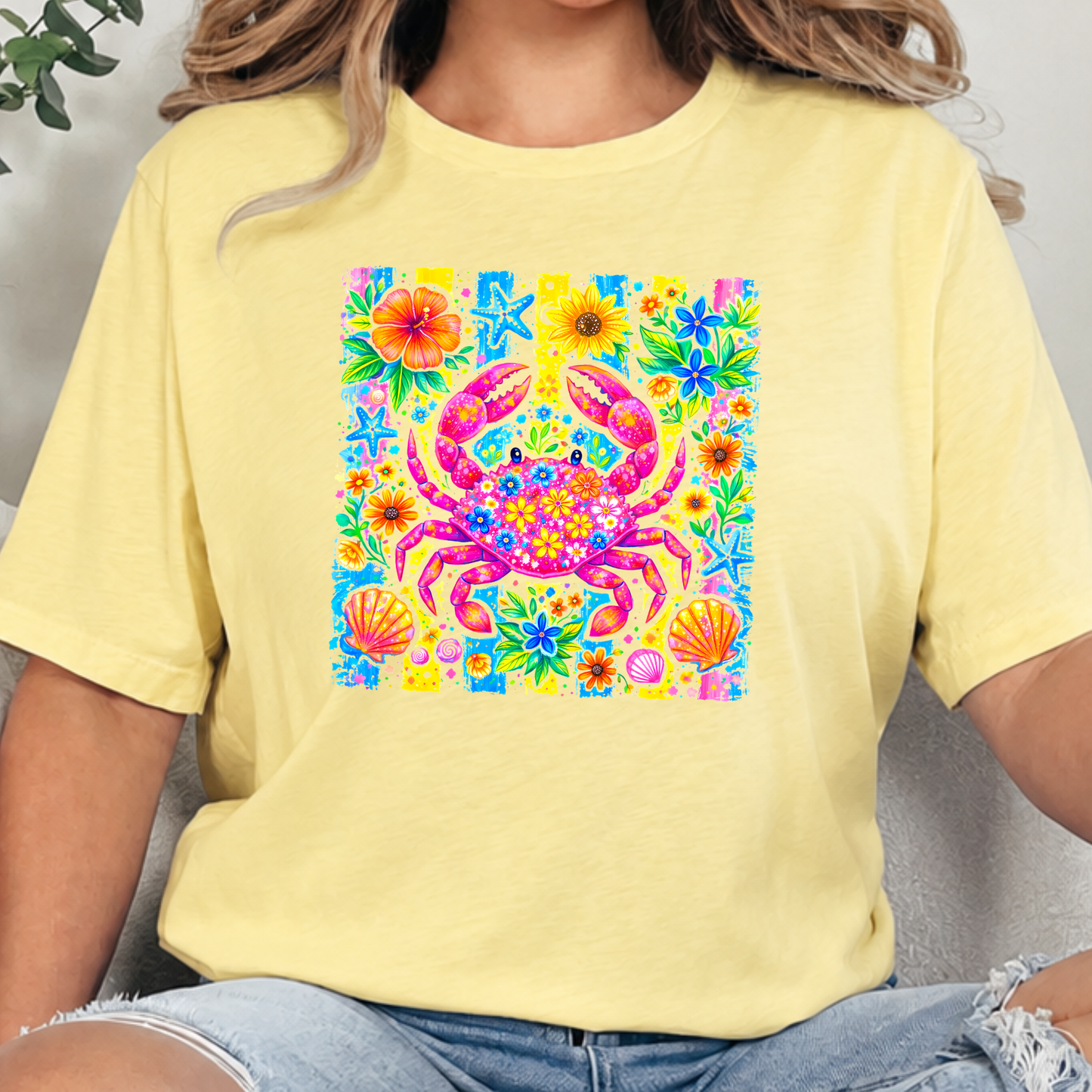 Wholesale Preppy Summer Crab Graphic Tee - Heather French Vanilla