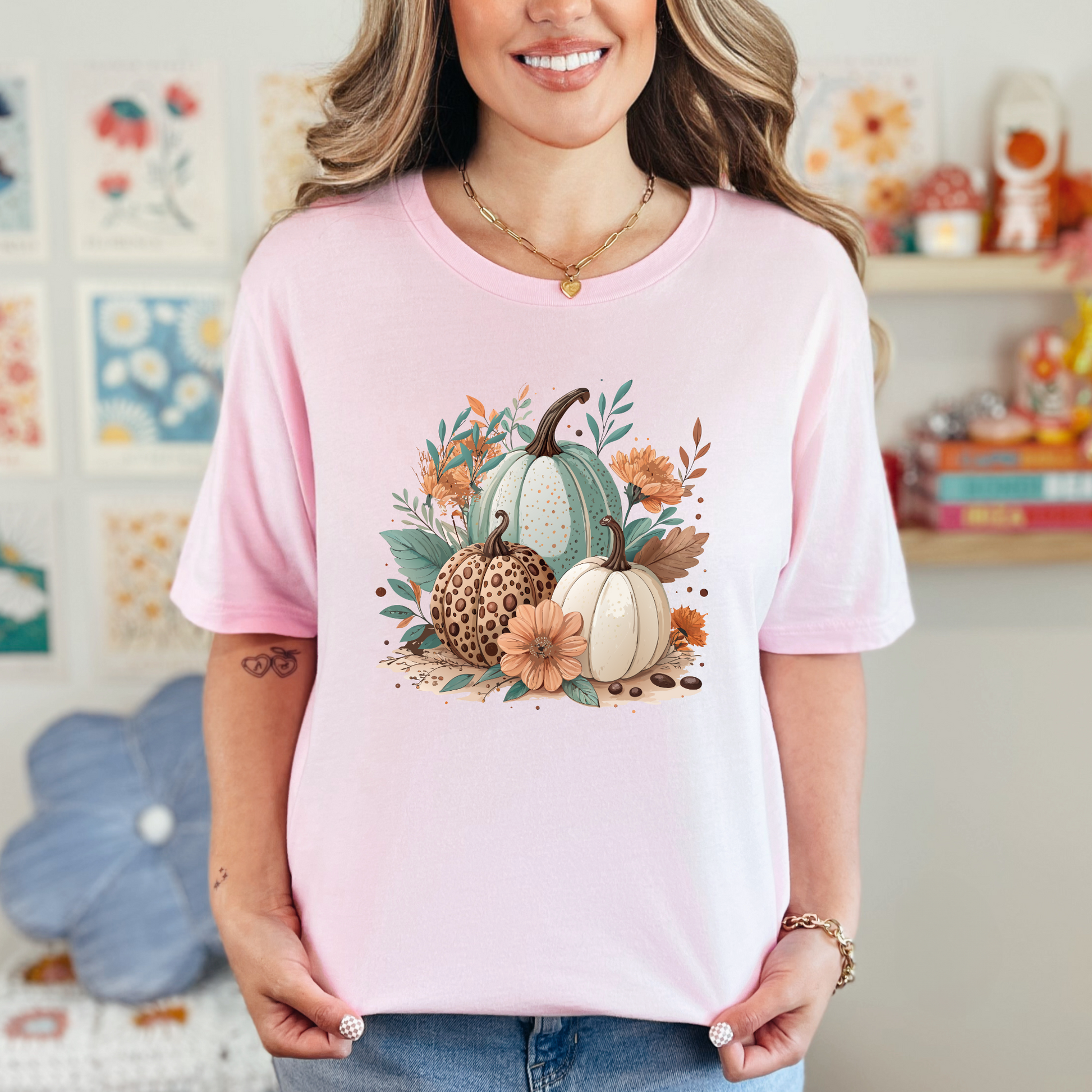 Wholesale Boho Pumpkins Floral Graphic Tee - Pink Tee