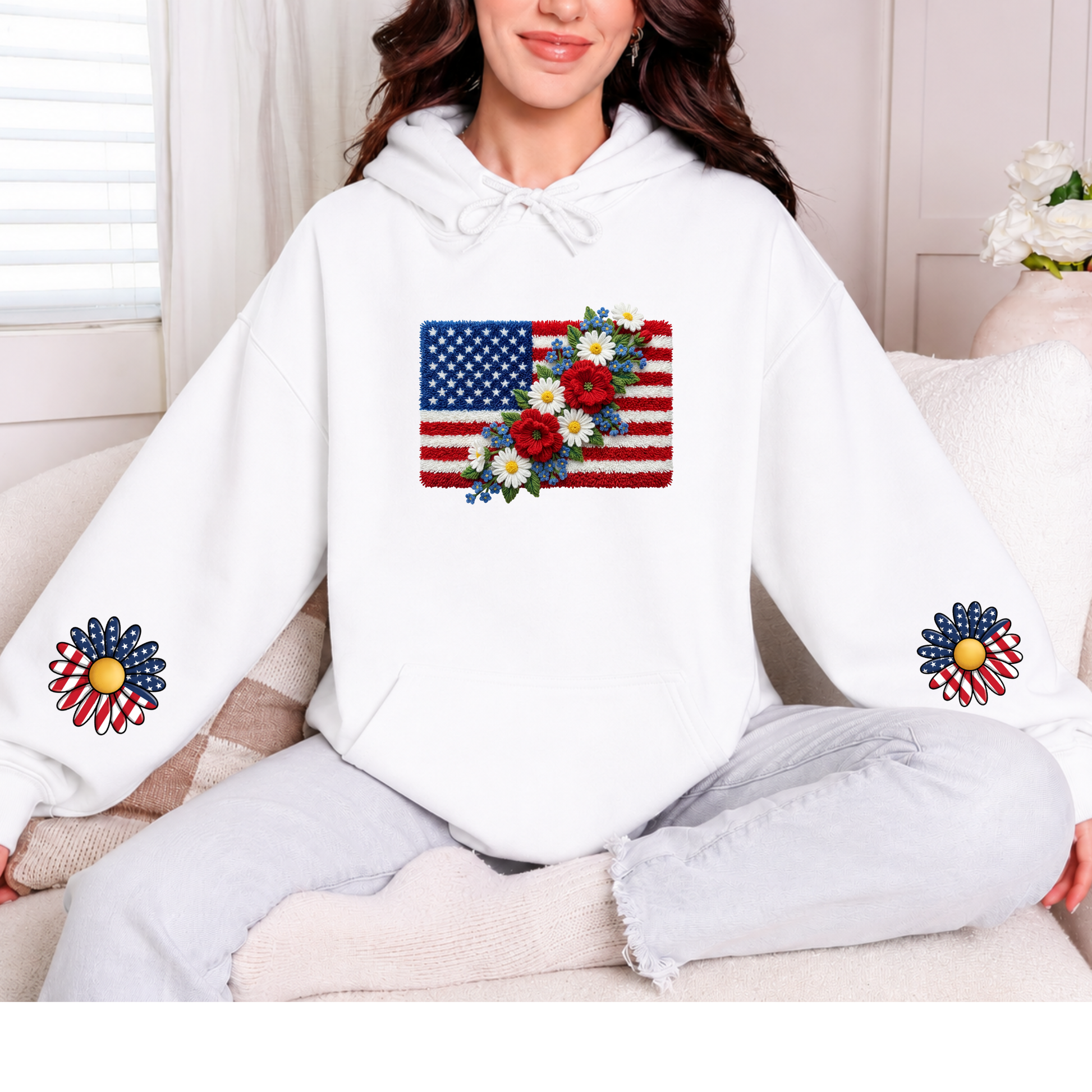 Wholesale Floral Flag with Sleeves Graphic Hoodie - White Hoodie