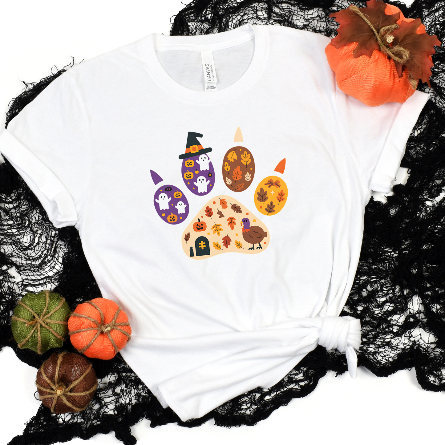 Wholesale Spooky Fall Paw Print Graphic Tee - White