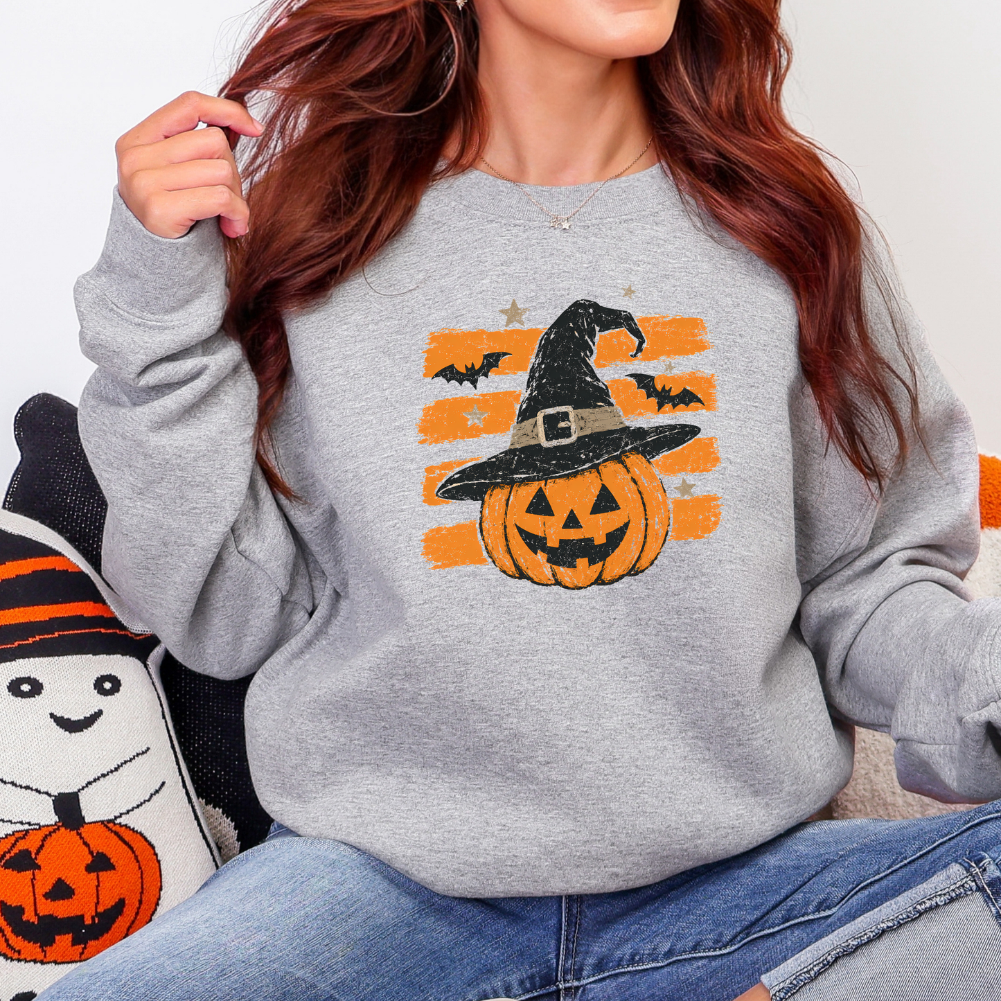 Wholesale Striped Vintage Halloween Pumpkin Graphic Sweatshirt - Sport Grey