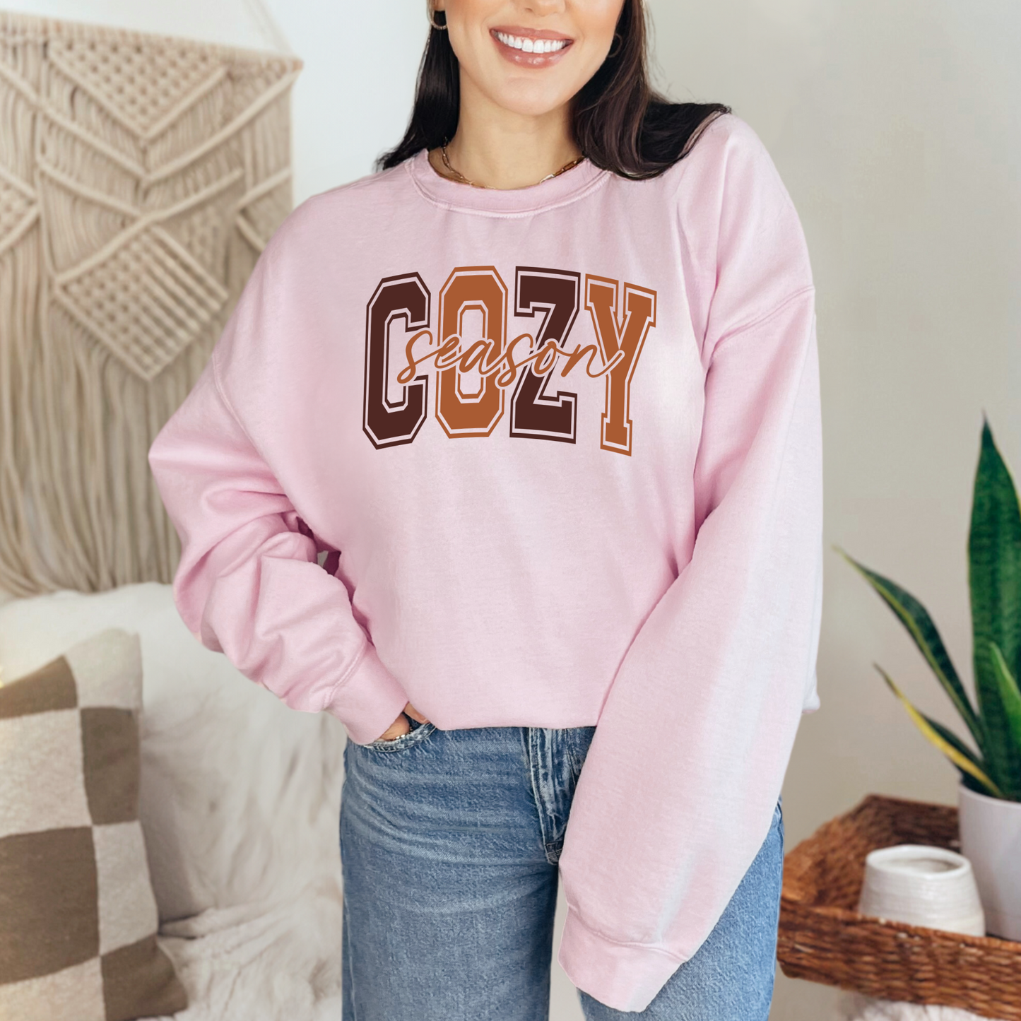 Wholesale Cozy Season Cursive Sweatshirt - Light Pink Sweatshirt