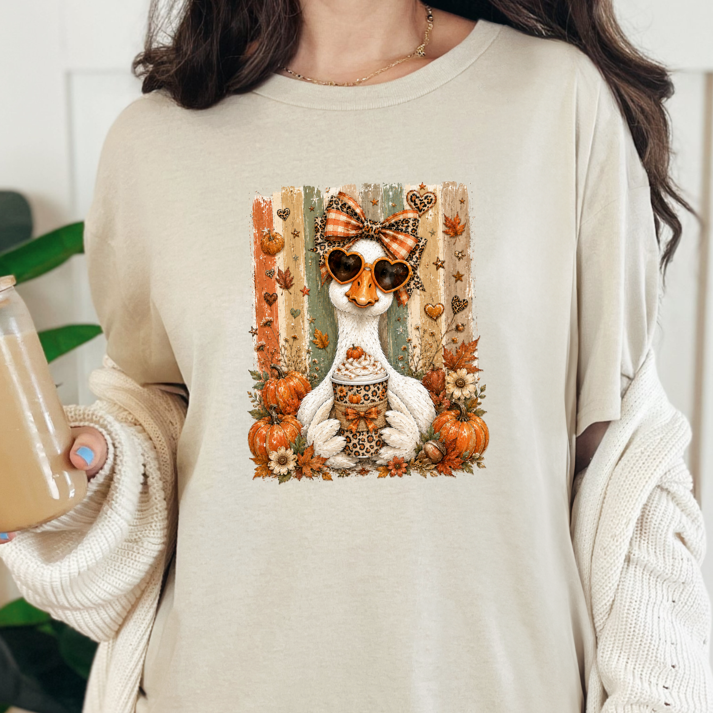 Wholesale Preppy Fall Goose Graphic Tee - Natural