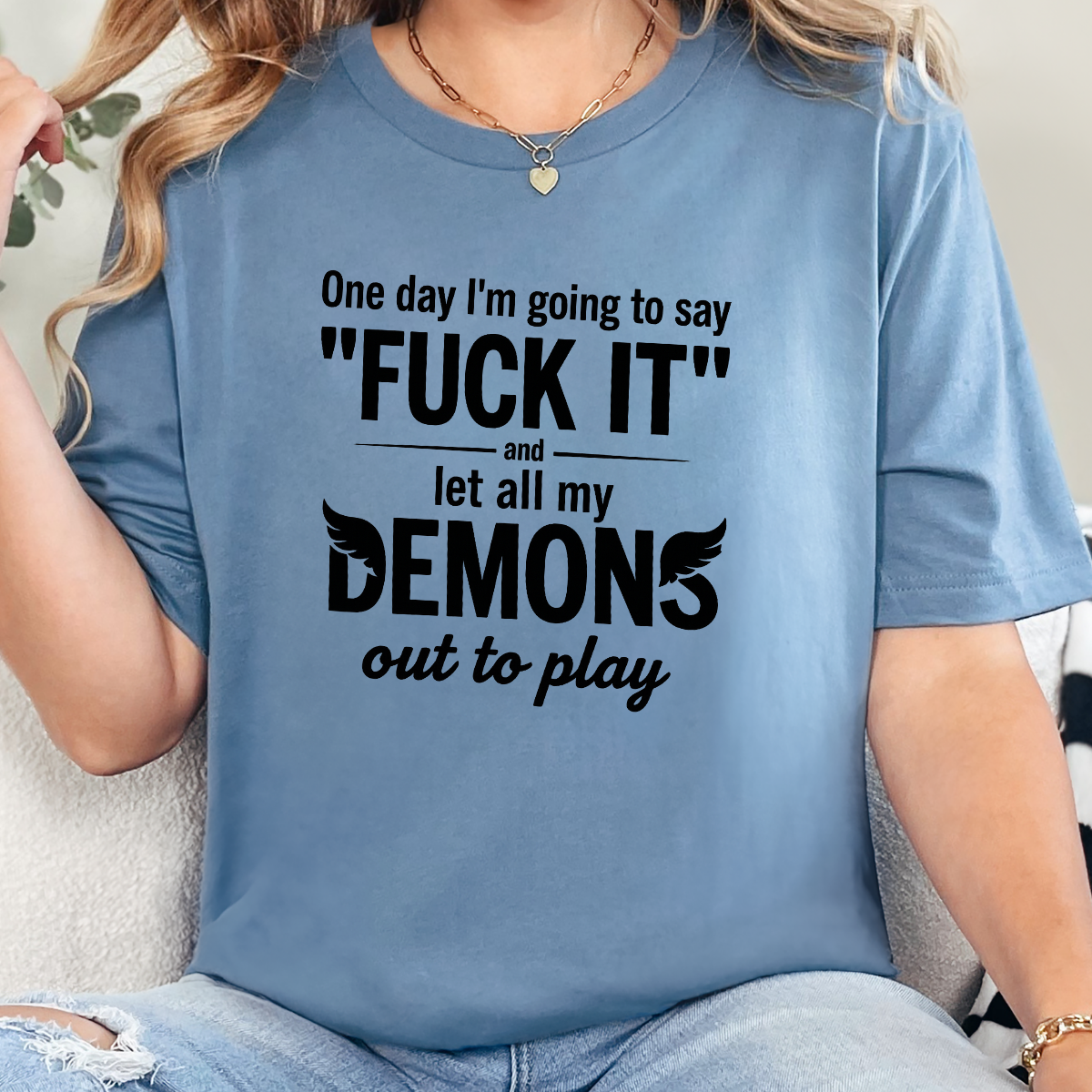 Wholesale One Day I'm Going to Say Graphic Tee - Steel Blue Tee