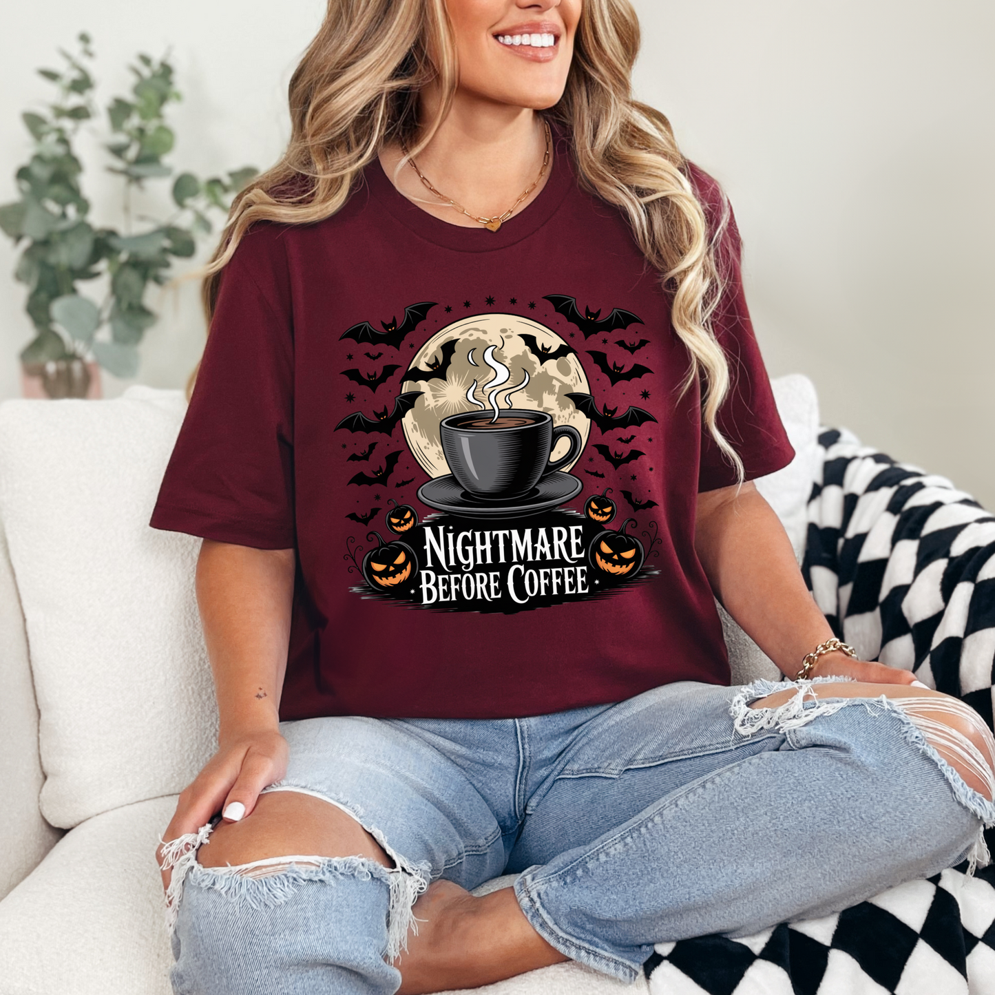 Wholesale Bats and Nightmare Before Coffee Graphic Tee - Maroon Tee