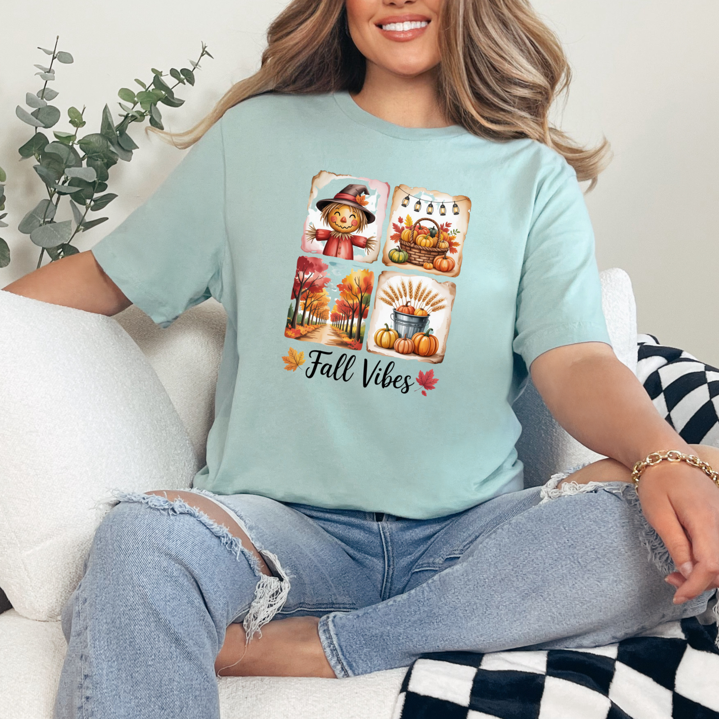 Wholesale Square Fall Vibes Graphic Tee - Dusty Blue Tee
