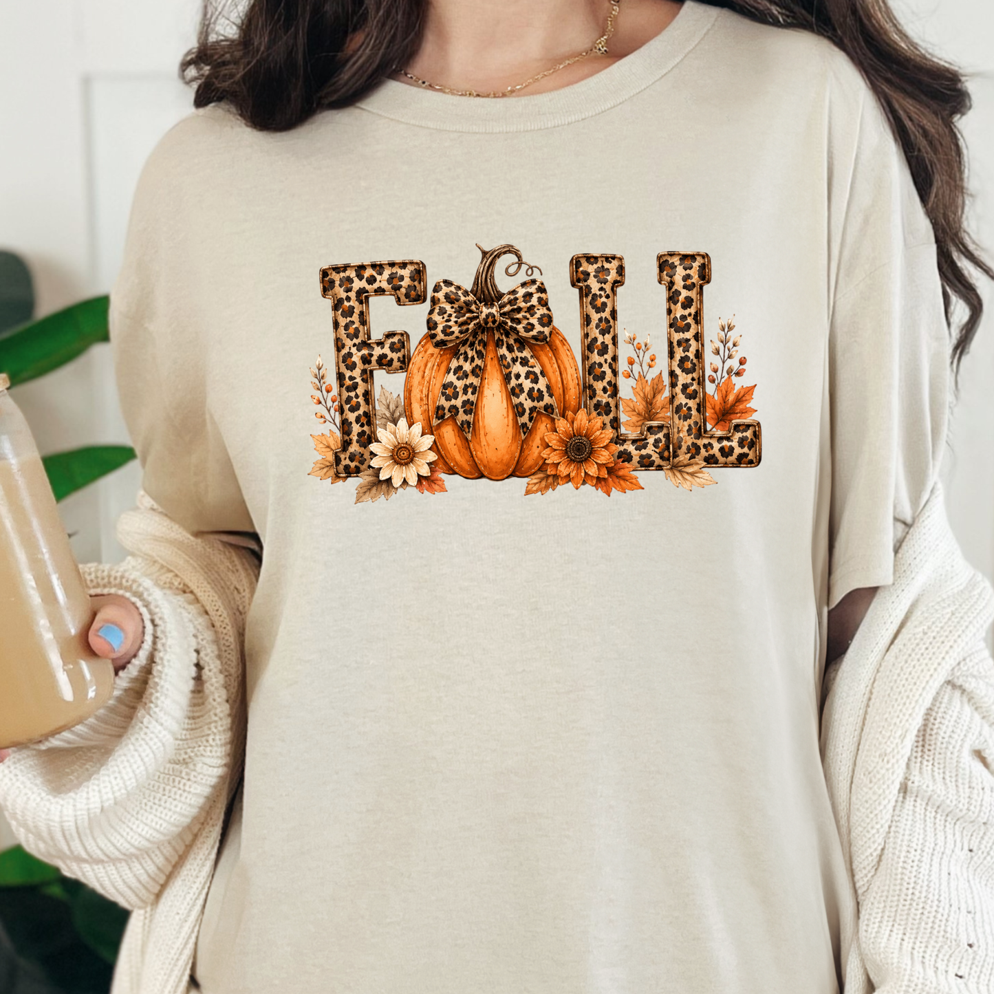 Wholesale Fall Leopard Print Graphic Tee - Natural Tee