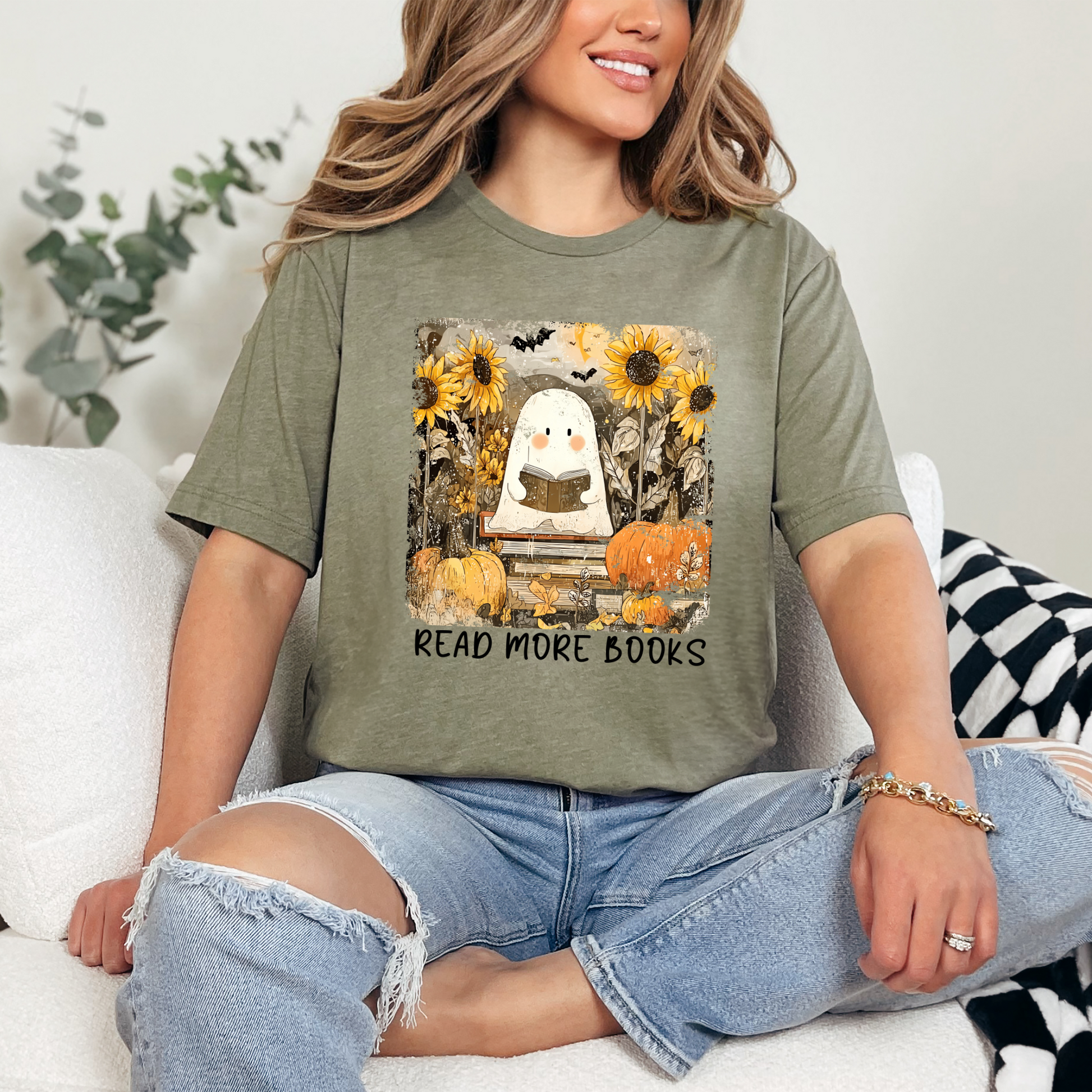 Wholesale Reading Ghost Sunflowers Graphic Tee or Sweatshirt - Heather Olive Tee