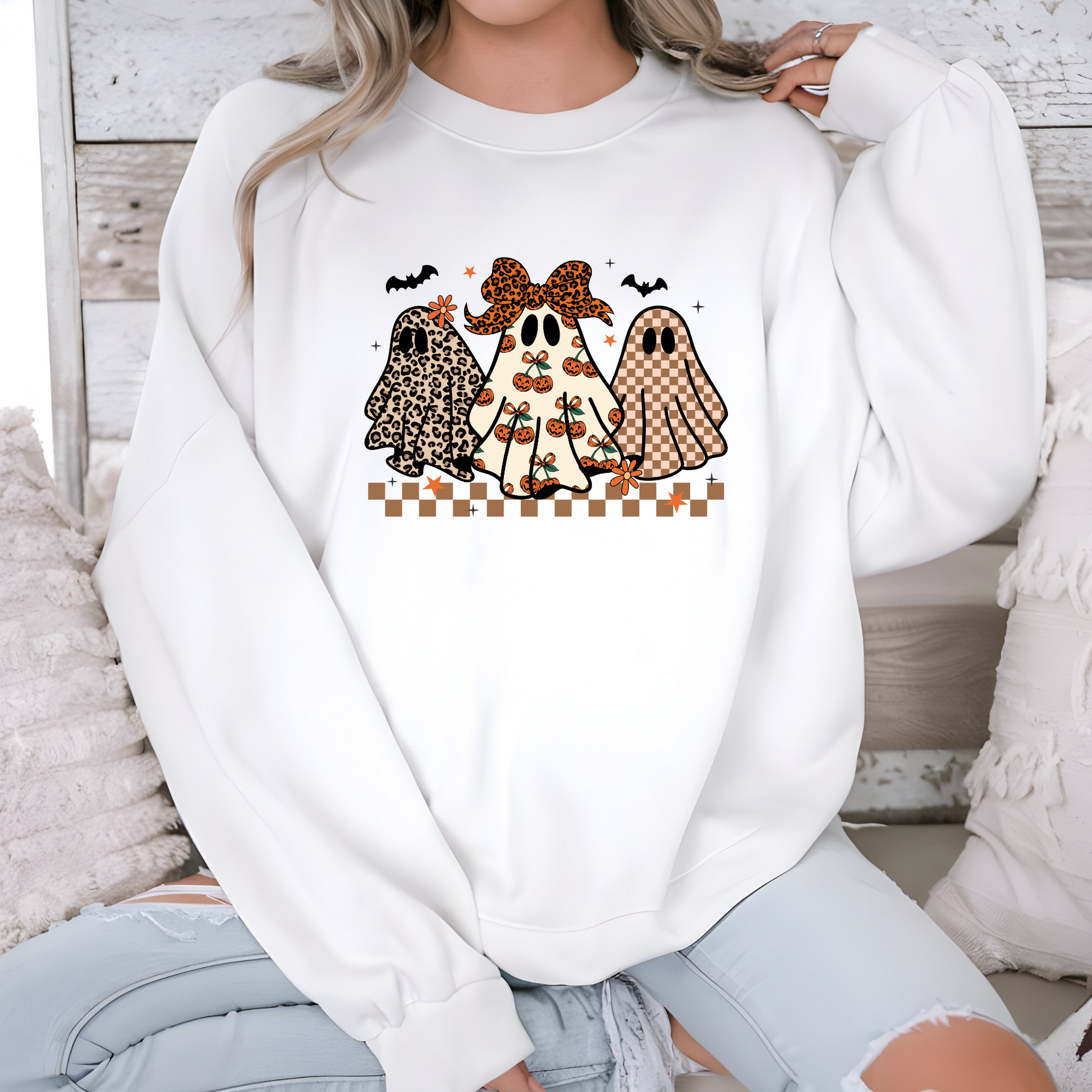 Wholesale Preppy Halloween Ghosts Graphic Tee or Sweatshirt - White Sweatshirt