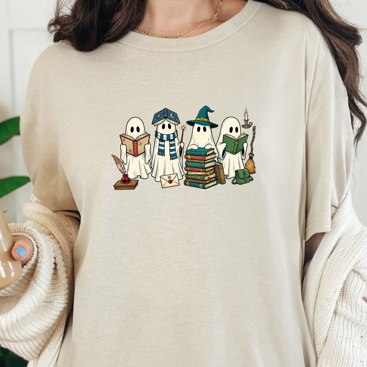 Wholesale Ghosts Reading Books Graphic Tee - Natural