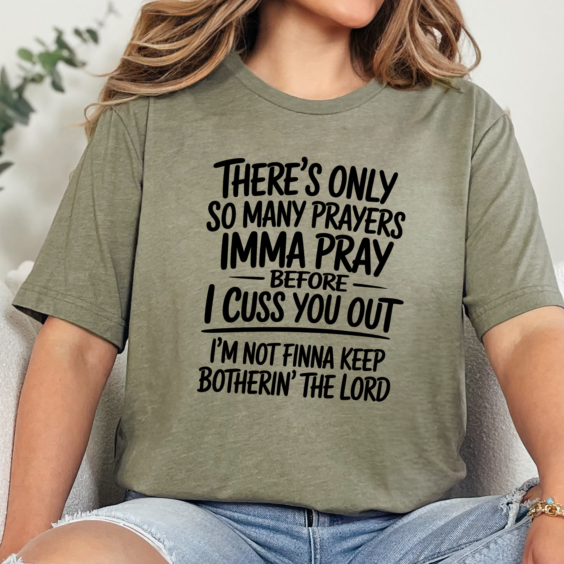 Wholesale Pray Before I Cuss Graphic Tee - Heather Olive