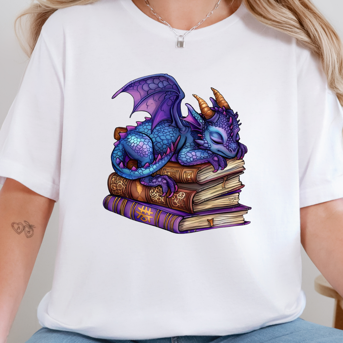Wholesale Dragon Sleeping on Books Graphic Tee - Purple Dragon on White