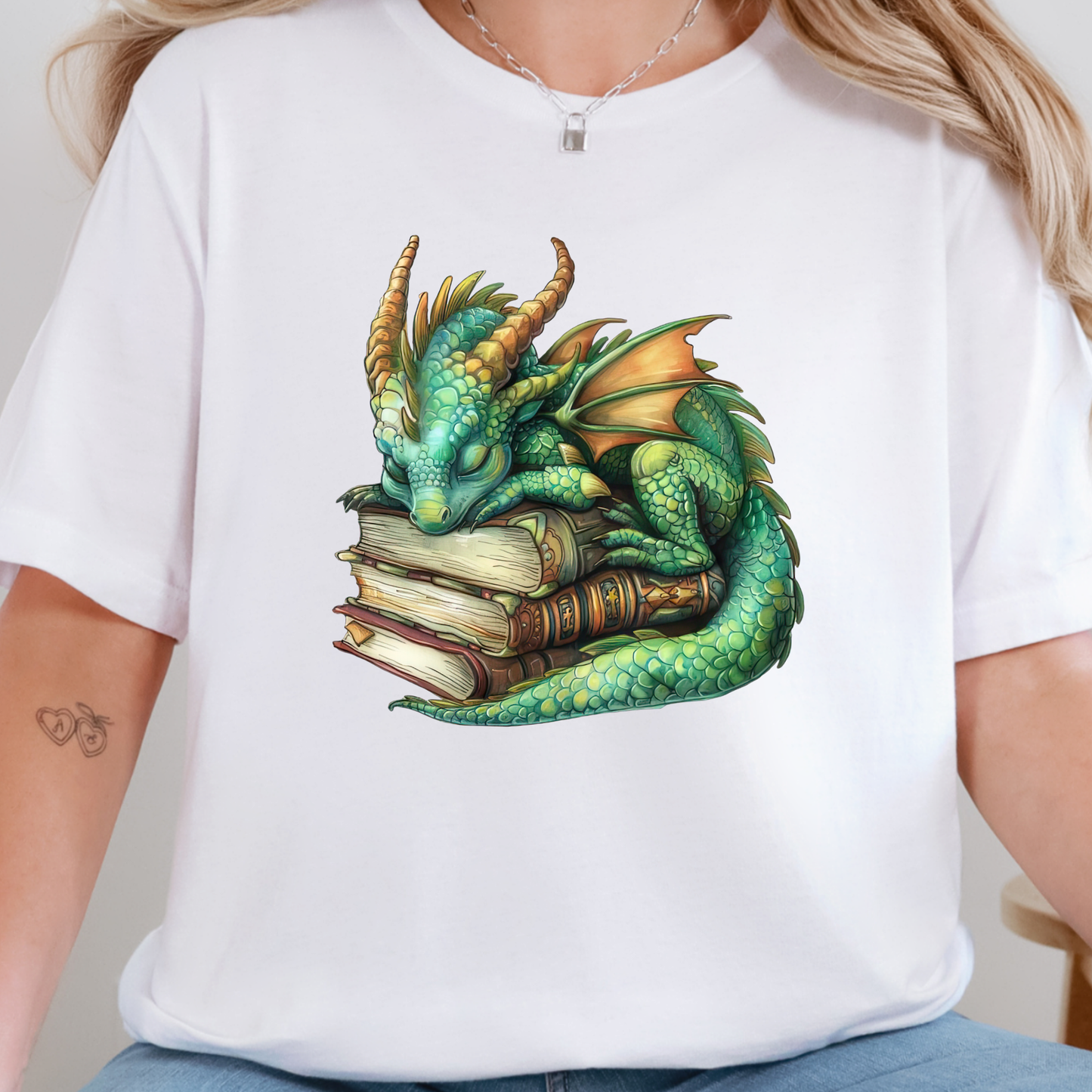 Wholesale Dragon Sleeping on Books Graphic Tee - Green Dragon on White