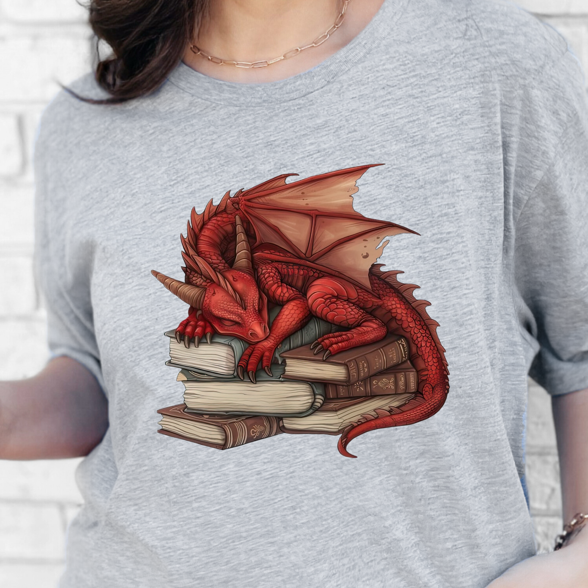 Wholesale Dragon Sleeping on Books Graphic Tee - Red Dragon on Grey