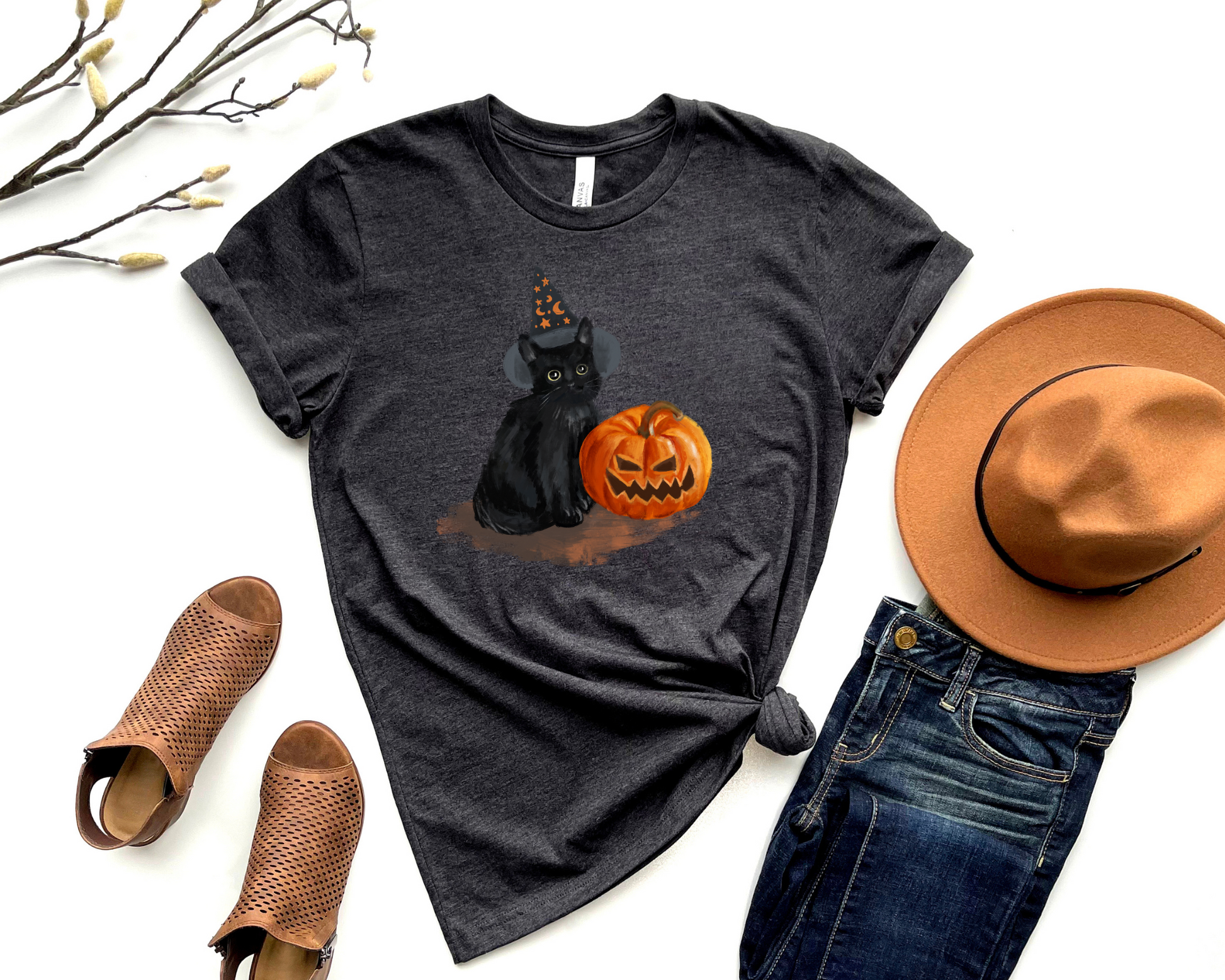 Wholesale Halloween Cat Graphic Tee - Charcoal