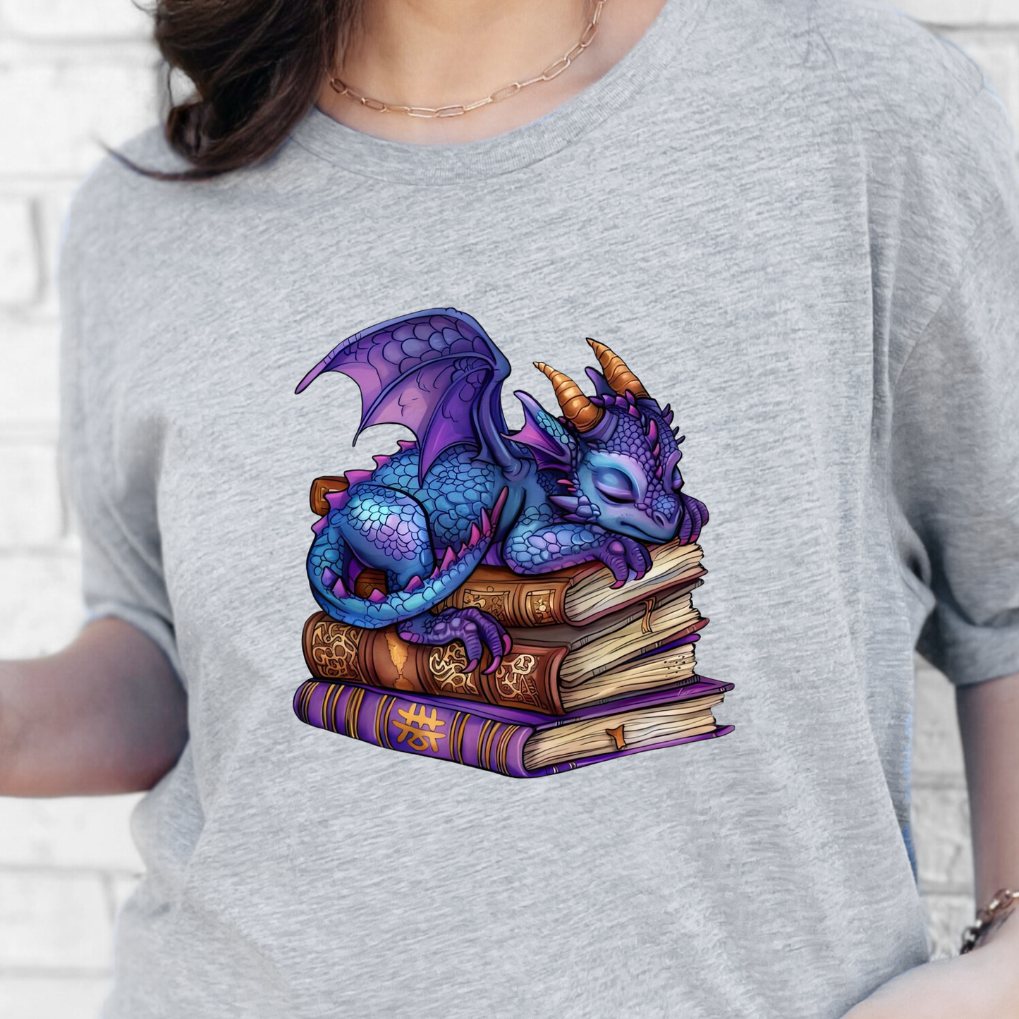 Wholesale Dragon Sleeping on Books Graphic Tee - Purple Dragon on Grey