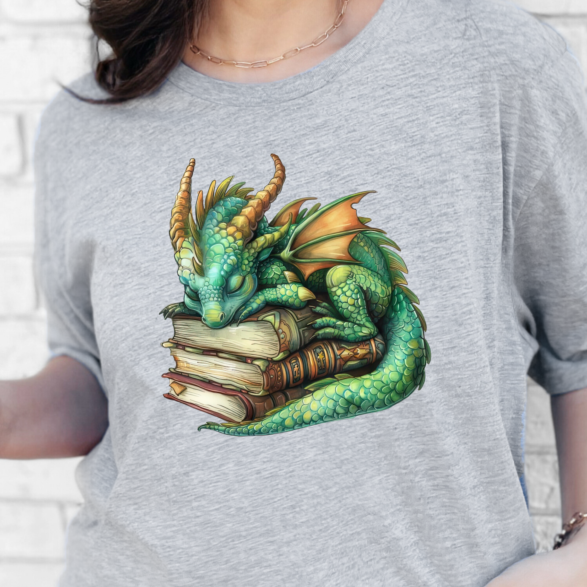 Wholesale Dragon Sleeping on Books Graphic Tee - Green Dragon on Grey