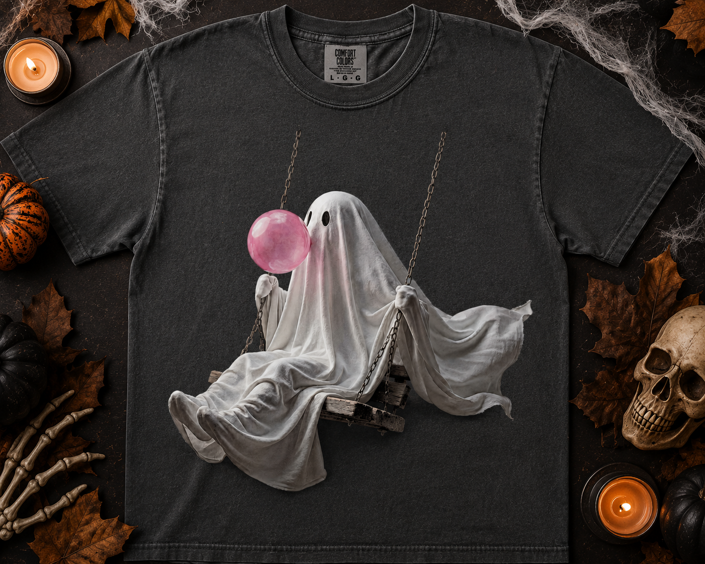 Bubble Gum Swinging Ghost- Fall Graphic T-Shirt