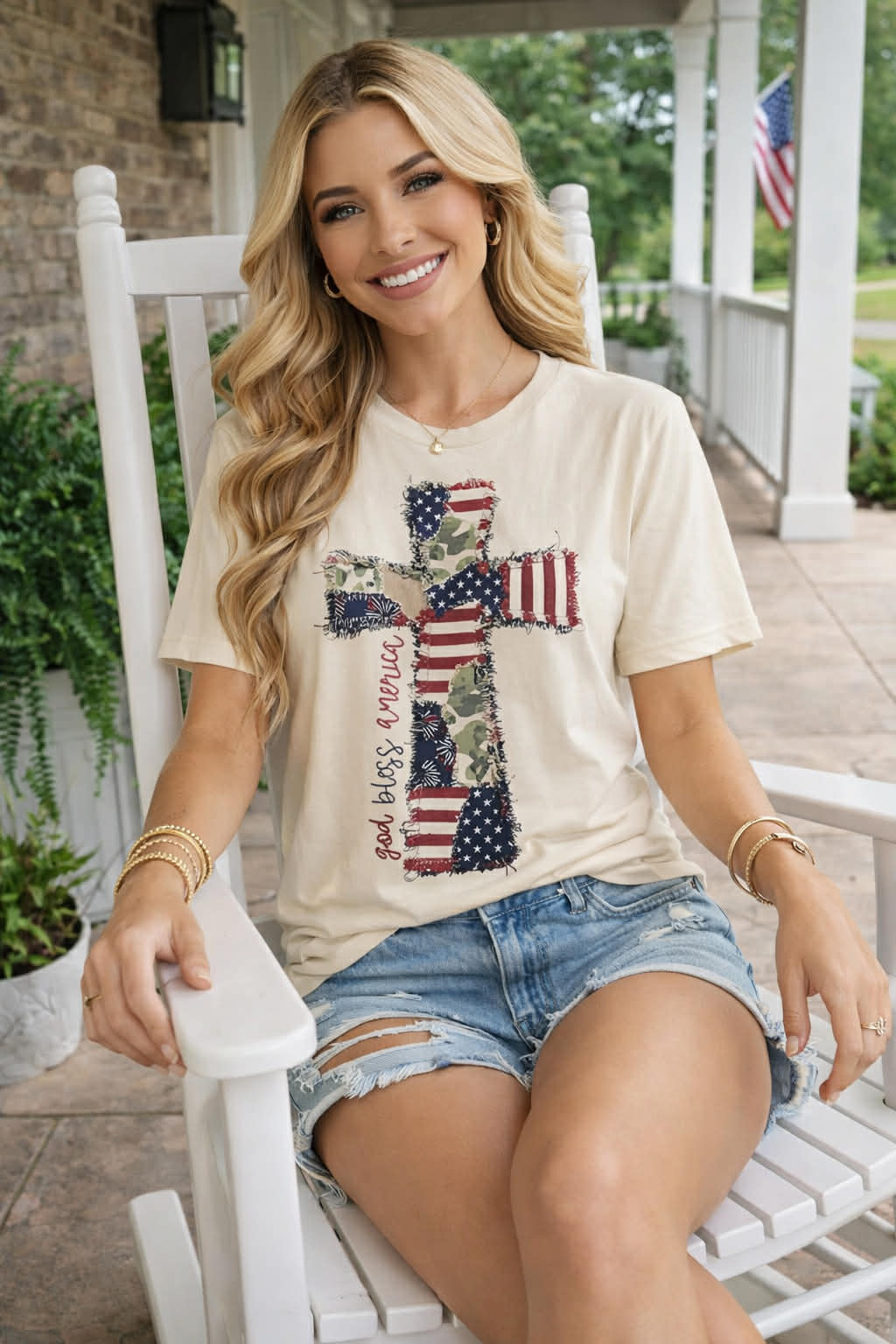 God Bless The USA Patch Cross- Patriotic Tee