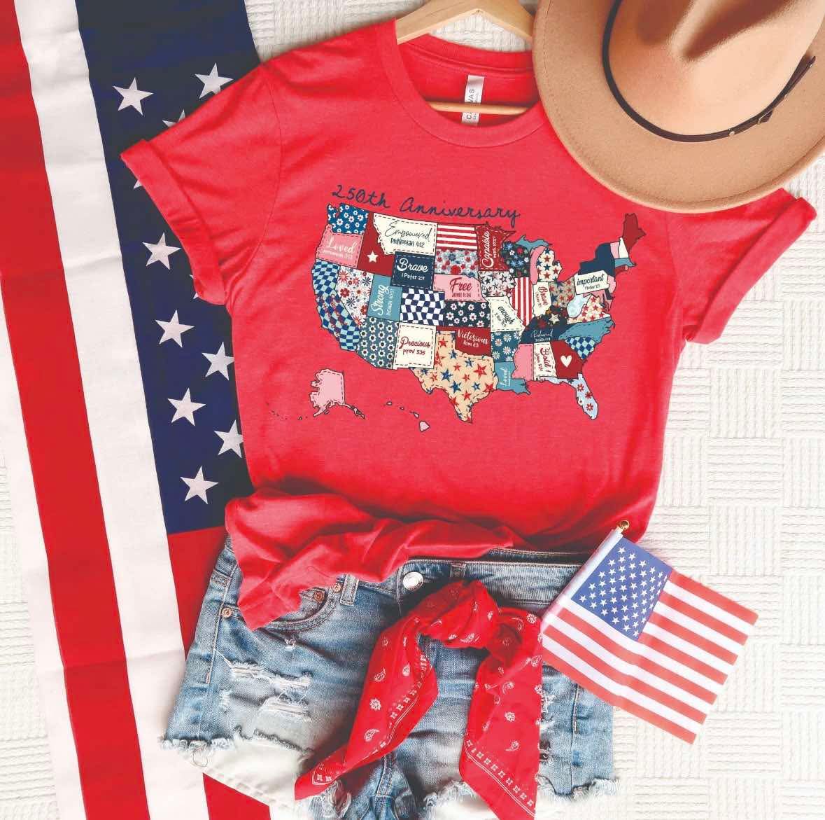 USA 250 Years  Patch Map- UNISEX RED GRAPHIC TEE