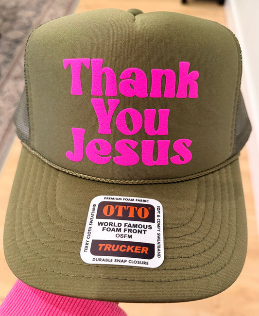THANK YOU JESUS - 3D Puff Vinyl Neon Pink on Olive Foam Trucker Hat
