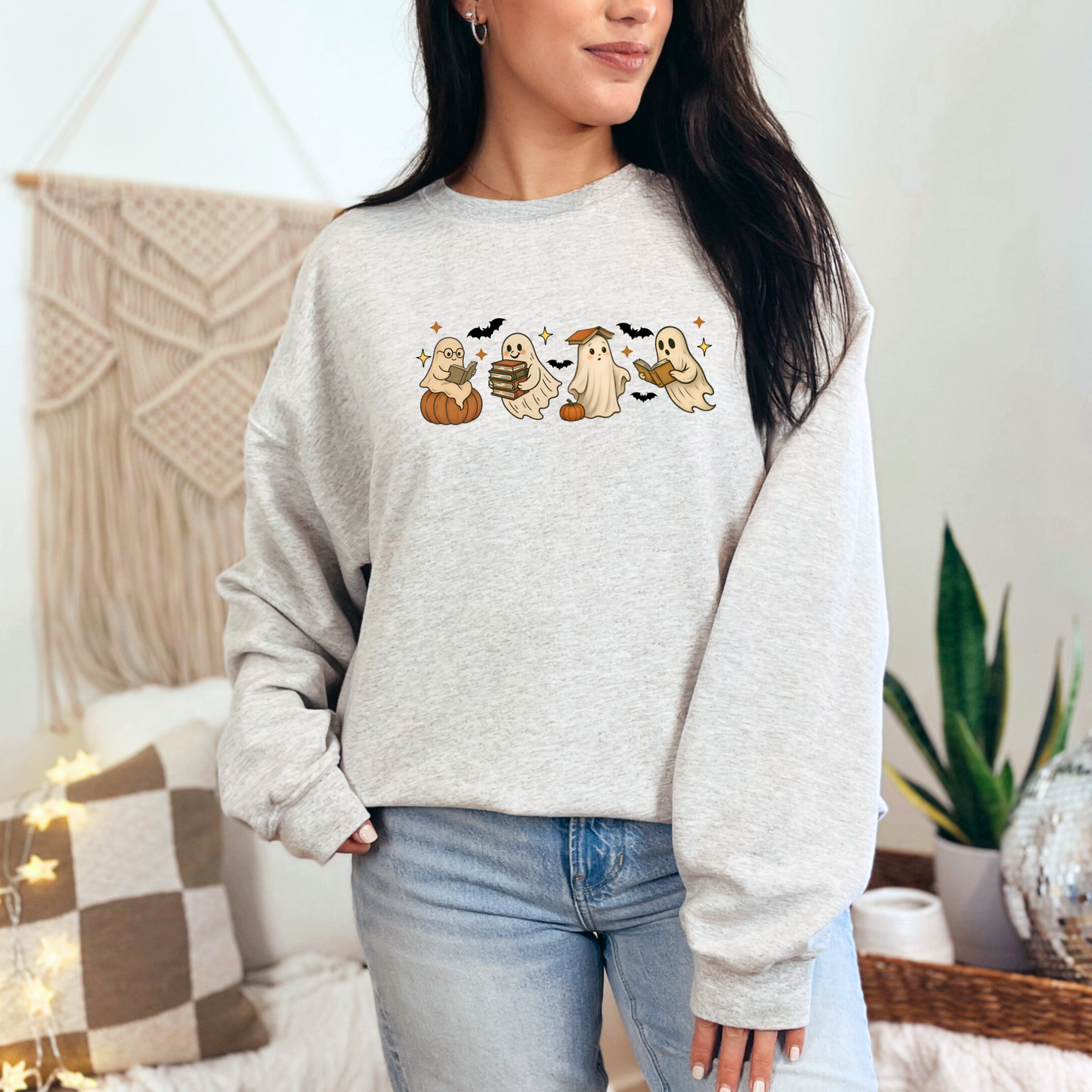 Wholesale Reading Ghosts with Pumpkins Sweatshirt - Ash Sweatshirt