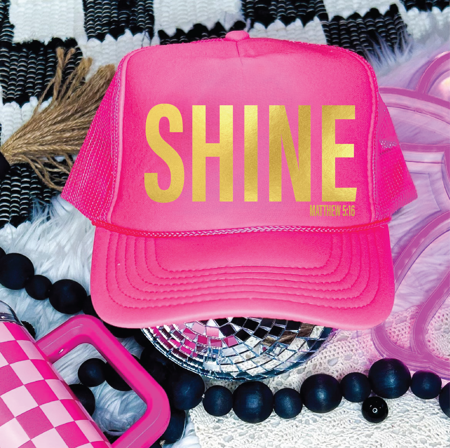 Shine Matthew 5:16-  DTF Printed Neon Pink Trucker Hat