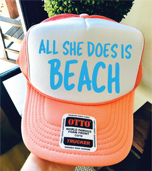 All She Does Is Beach - UNISEX Coral and White TRUCKER HAT