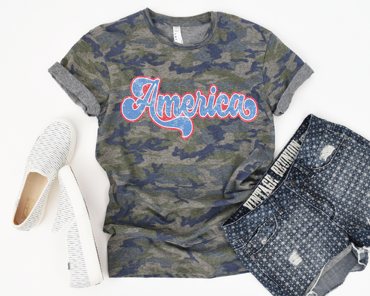 America Cursive Unisex Camo Tee