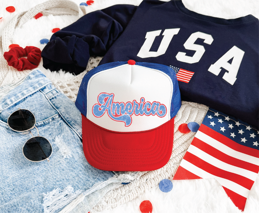America Cursive DTF Printed Red White And Blue Trucker Hat