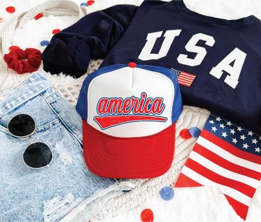 America DTF Printed Red White And Blue Trucker Hat