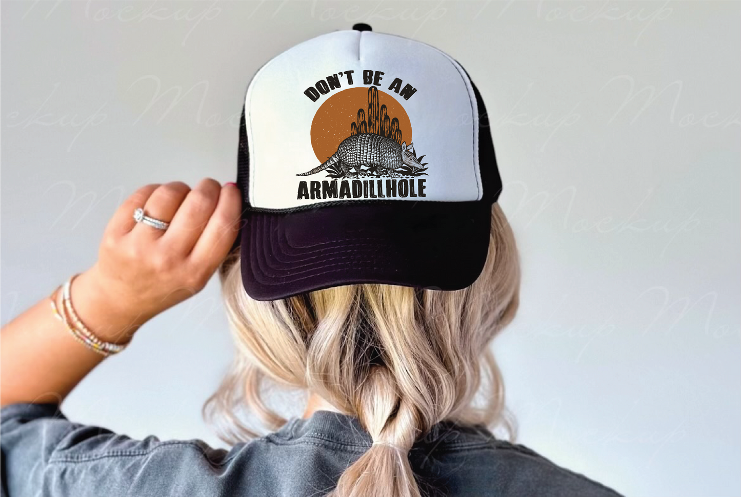Don't Be An Armadillhole- UNISEX BLACK AND WHITE Trucker Hat