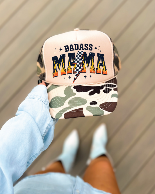 Badass Mama DTF Printed on A Duck Camo and Tan Trucker Hat