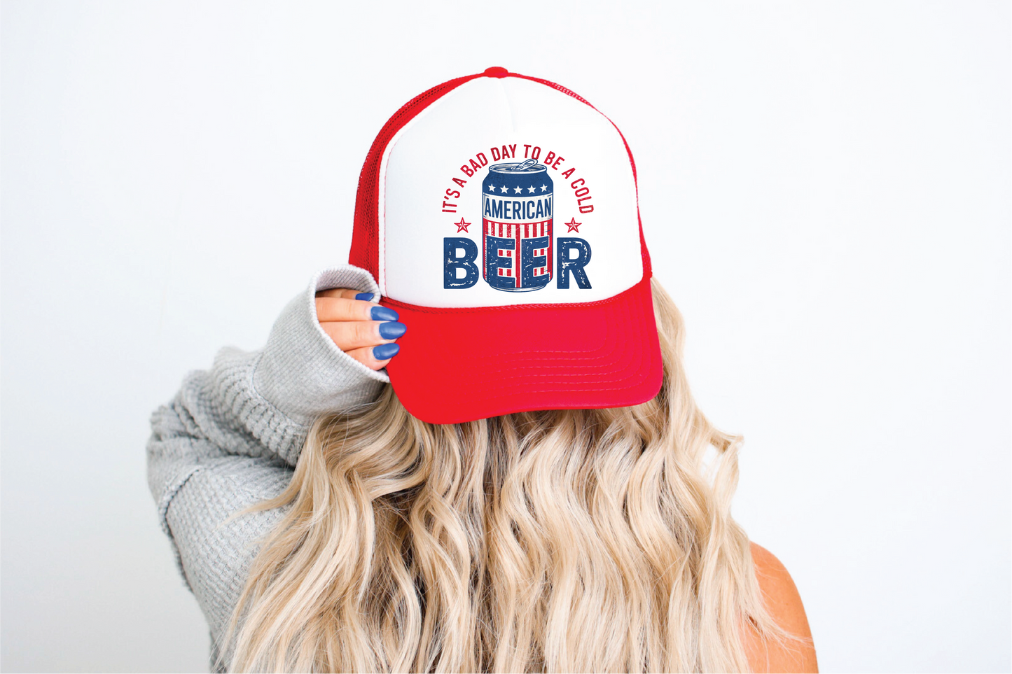 It's A Bad Day To Be A Beer DTF Printed Red and White Trucker Hat